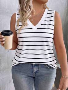 EMERY ROSE Women's Spring/Summer New Hot-Selling Striped Print Pattern Layered V-Neck Casual Versatile Plus Size Tank Top - Multicolor - View 1