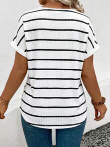 EMERY ROSE Camiseta de mujer de talla grande, nueva y de gran para primavera/verano, de punto acanalado con estampado de rayas, diseño de capas, cuello en V, casual y versátil - Multicolor - Ver 2