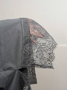 SHEIN EZwear 女士时尚百搭蕾丝拼接下摆圆领短袖T恤 - 淺灰色 - 查看 8