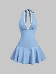 Sweetra Vestido de mezclilla con cuello halter, espalda descubierta y ribete de encaje - Azul - Ver 3