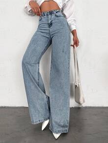 SHEIN بنطلون جينز مقاس كبير بخصر عالي أسلوب كاجوال أزرق فاتح غسيل الثلج قصة عادية أزرار أمامية أرجل واسعة - أزرق فاتح - مشاهدة 6