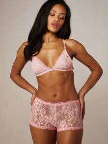 MISSGUIDED Baby Pink Floral Lace Boyshorts Intimate Undergarment Lingerie Delicate Sheer Feminine Underwear Comfort Fit Low Rise - Pink - View 2