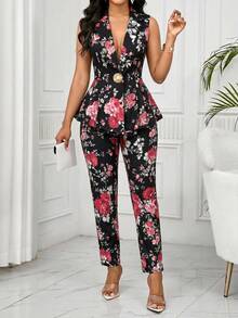 SHEIN Lady Plus Size Women's Floral Print Waist Metal Single Button Sleeveless Jacket And Pants Elegant Suit Set - Black - View 5