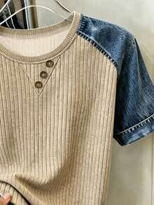 Franclia Women's Round Neck Color Block Casual Versatile Daily Wear Short Sleeve T-Shirt - Brown - View 3