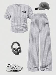 青少年女孩 T-shirt 套裝，休閒時尚舒適圓領刷毛寬螺紋短袖上衣搭配長褲，適合春夏旅行度假通勤 - 灰色 - 查看 2