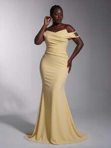 Elitara Plus Size Elegant Luxurious Tube Top Knotted Textured Fabric Dress For Formal - Yellow - View 10