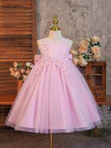 SHEIN Glamorique Kids 女孩粉色冬季婚禮生日派對花童公主禮服，薄紗亮片刺繡花卉設計 - 淺粉色 - 查看 3