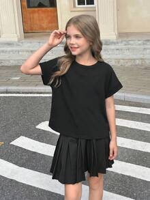 Tween Girl Spring/Summer 2-Piece Casual Fashion Back Cross Open Back Contrast Line Design Round Neck Shoulder-Sleeve Loose Silhouette T-Shirt, Back To School, Mommy And Me Matching Outfits - Black and White - View 4