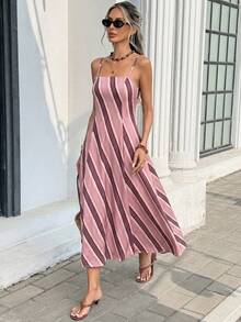 Serisse Women's Striped Pattern Spaghetti Strap A-Line Midi Dress - Pink - View 4