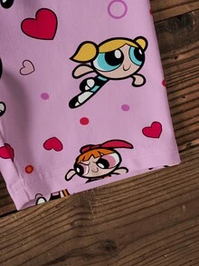 THE POWERPUFF GIRLS X SHEIN Young Girl Cartoon Print Round Neck Short Sleeve T-Shirt And Shorts Set - White - View 5