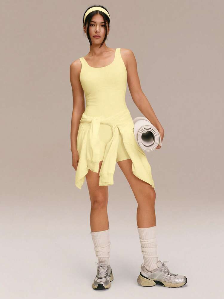 GLOWMODE 4.3" FeatherFit™ Buttery-Soft Stretchy Tummy Control Removable Cups Side Pockets U-Back Bodysuit Romper Low Impact Yoga Pilates Studio Gym Workout Daily Wear - French Vanilla - View 7