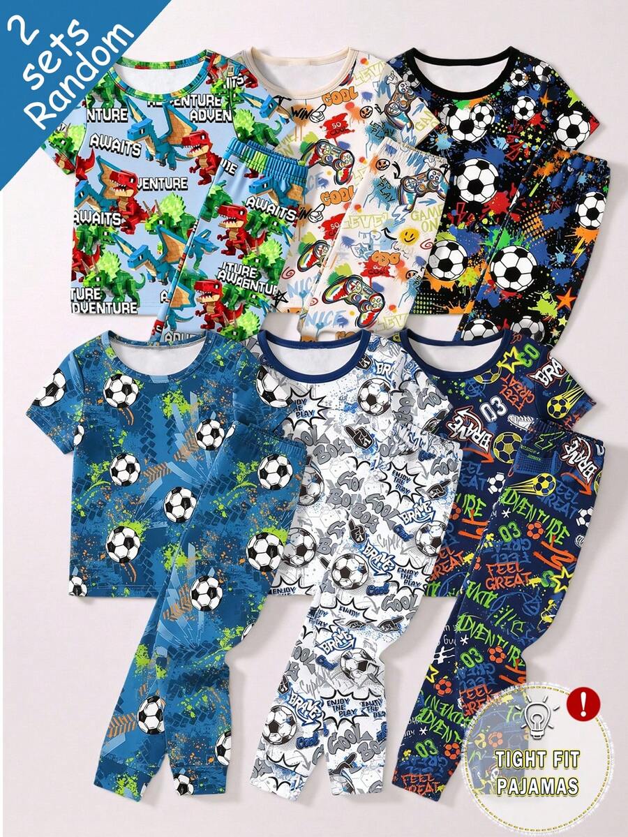 SHEIN 【6件套,随机发货2件/套】男童睡衣,春夏新品,时尚热销,酷炫图案印花,包括积木、恐龙、足球、游戏机等,紧身针织面料短袖上衣和长裤睡衣套装,街头风 - 彩色 - 查看 1