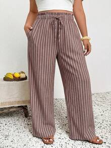 SHEIN Frenchy Plus Size Women's Drawstring Waist Striped Patchwork Casual Versatile Daily Outing Long Pants Fall - Coffee Brown - View 4