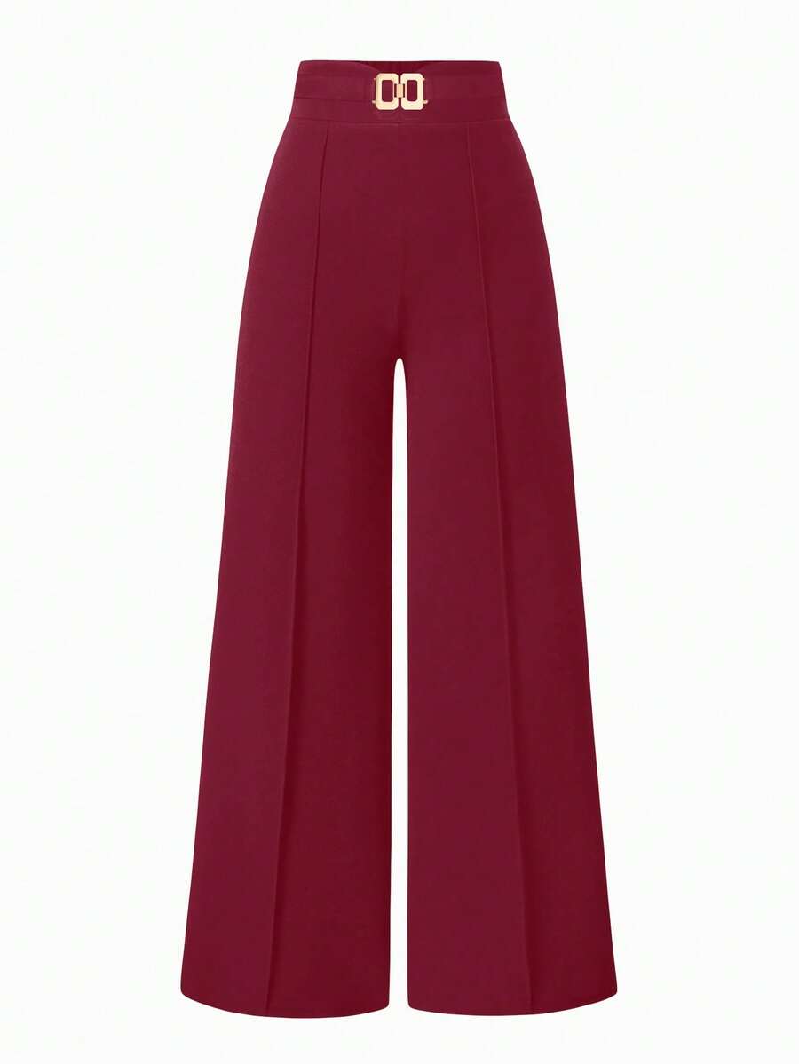 Sweetra Celana Panjang Wanita Model Kaki Lebar dengan Desain Gesper Logam di Pinggang - Burgundy - View 1