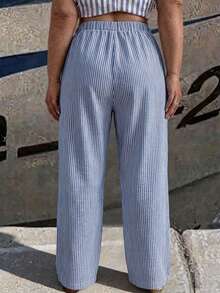 EMERY ROSE Plus Size Women's Pocket Loose Linen Striped Vacation Pants Fall - Multicolor - View 2