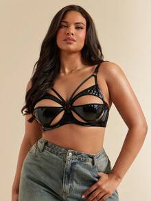 SHEIN BAE CURVE 大码女士纯色镂空钢圈薄杯舒适文胸内衣 - 黑色 - 查看 6