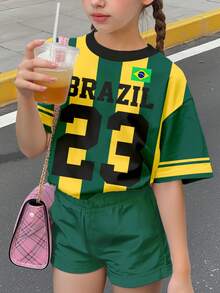少女休閒簡約圓領短袖T恤，適合夏季，少女夏季節慶復古街頭風運動印號棒球球衣T恤 - 彩色 - 查看 3