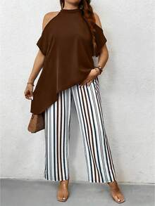 Breezaya Plus Size Women's Solid Color Off-Shoulder Asymmetric Hem Blouse And Striped Pants Set - Coffee Brown - View 5