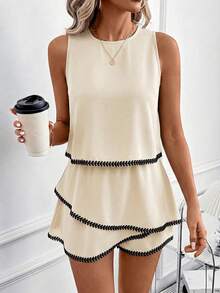 SHEIN Clasi Women Sleeveless Top And Ruffle Hem Printed Mini Skirt Contrast Color Trim Set - Apricot - View 5