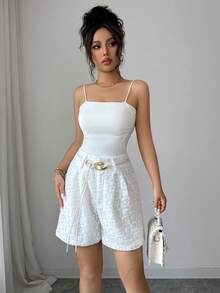 SHEIN Clasi High-Waisted Design Solid Color Hollow Out European And American Style 3D Floral Applique Casual French Elegant Shorts Vacation White Summer Brunch - White - View 2