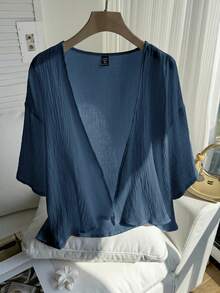 Comfortcana Plus Size Lightweight Short White Jacket , Summer Cotton Comfortable Cardigan In Fall/Winter - Dusty Blue - View 5