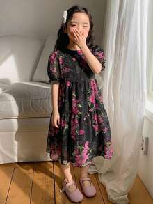 DAZY 少女夏季新款公主風可愛時尚優雅圓領刺繡收腰高腰高級洋裝 - 黑色 - 查看 5