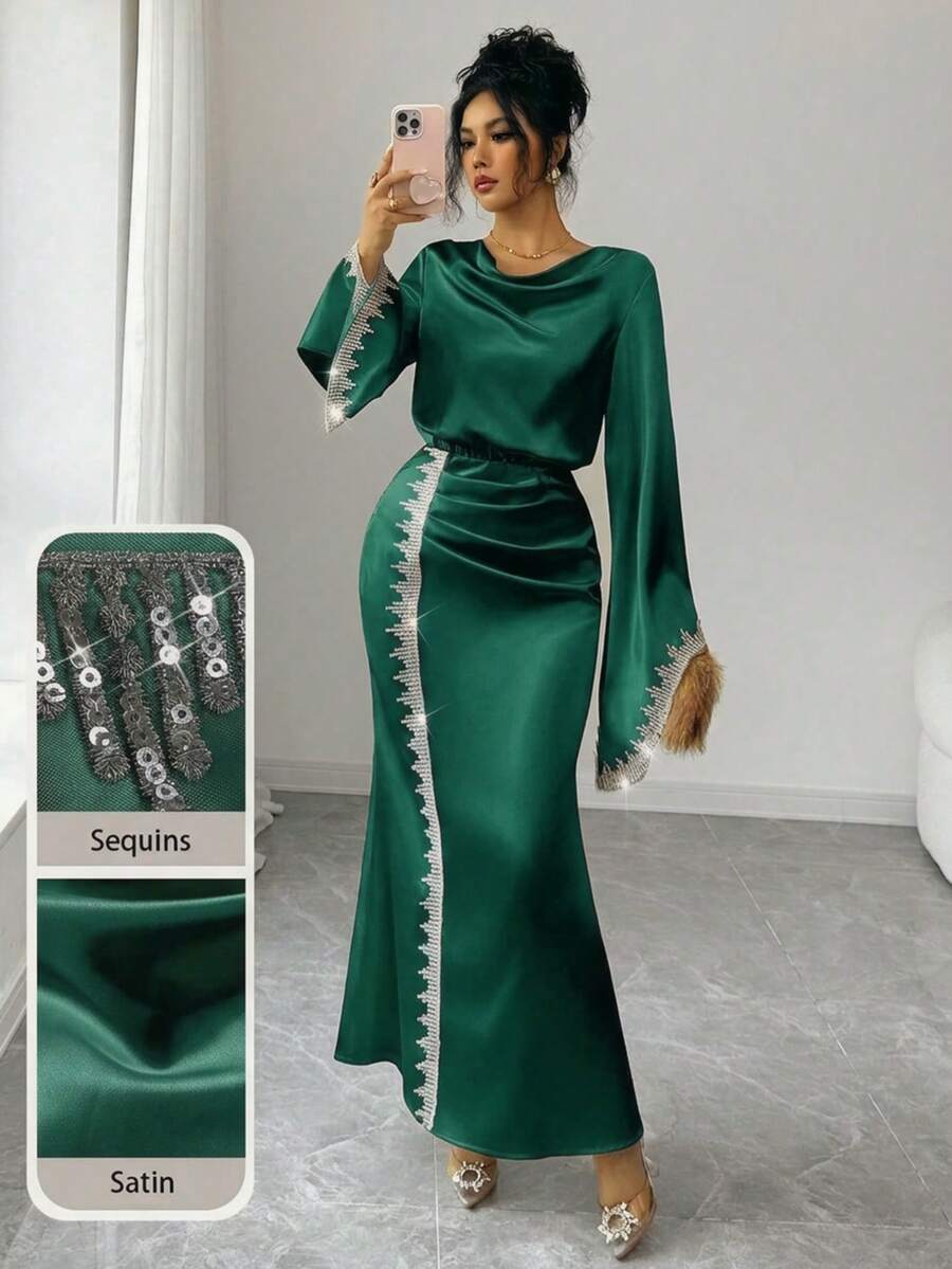 Modelyn 優雅長款杏色女裝洋裝，蕾絲袖口拼接設計，適合戶外穿著 - 墨綠色 - 查看 1