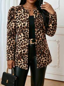 Fleurora Chaqueta de manga larga con estampado de leopardo talla grande para otoño - Marrón - Ver 1