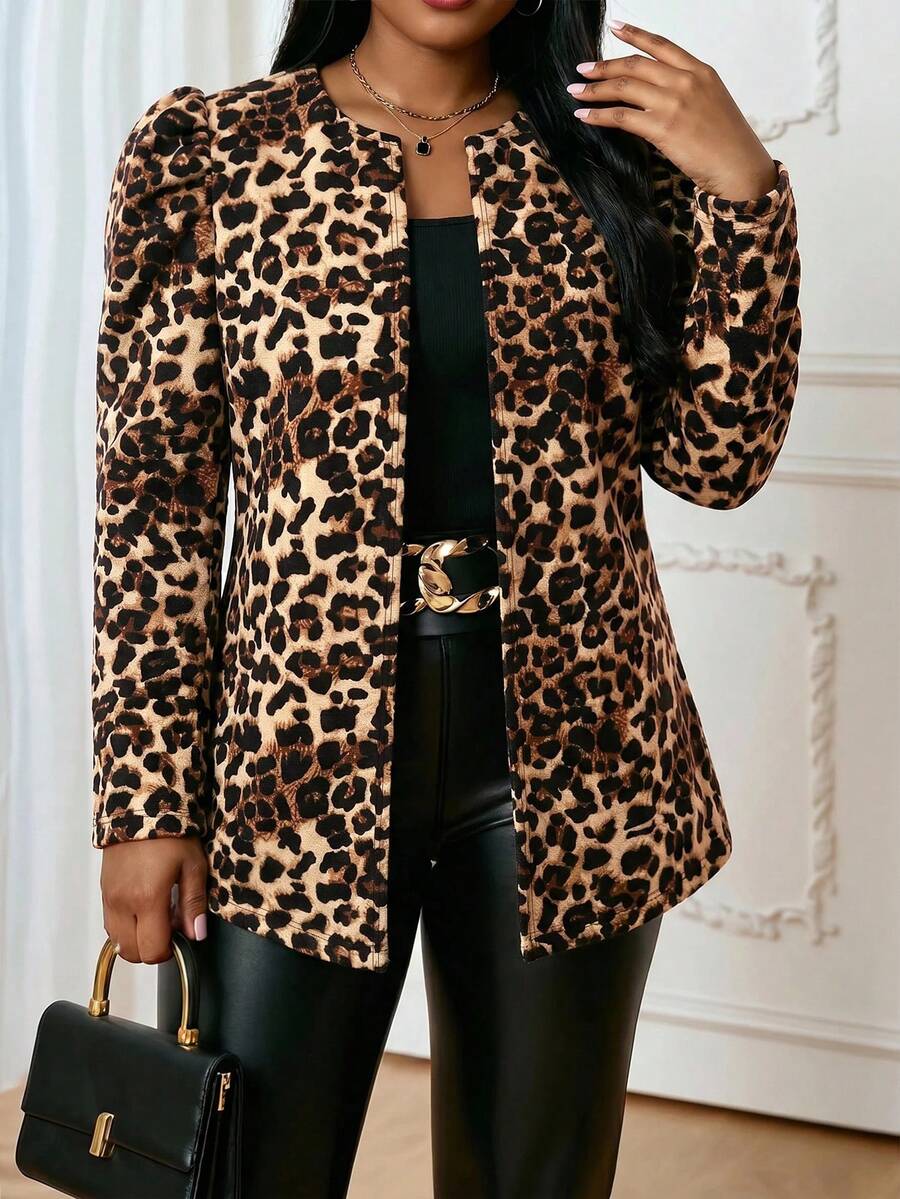 Fleurora Chaqueta de manga larga con estampado de leopardo talla grande para otoño - Marrón - Ver 1