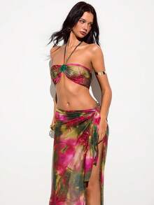 Barévion Vacation Style Pink And Green Floral Halter Neck Swimsuit Set, Sexy Tropical Mesh Split Maxi Dress Beach Cover-Up 2pcs Summer - Multicolor - View 10