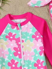 Baby Girl Floral Print Color Block Long Sleeve Romper Swimsuit And Hat Set Suitable For Summer Vacation - Hot Pink - View 3