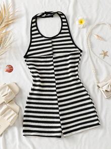 Teen Girls Casual White Base Daily Vacation Beach Seaside Halter Neck Fitted Striped Short Jumpsuit - Black and White - View 2