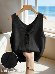Franclia Women's Casual Minimalist Vintage Versatile Commuting Suitable For Beach Vacation Wear, V-Neck Sleeveless Button Plus Size Knit Top, Spring Summer - Black - View 1