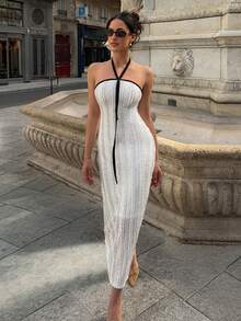 DAZY Neck-Tie Black And White Trim Fitted Mid-Length Dress For Women Sundress Vacation Summer Elegant French - White - View 4