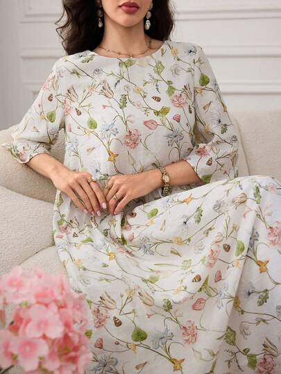 Al Najma Vestido árabe elegante con estampado floral para mujer, para fiesta de noche, reunión, cumpleaños