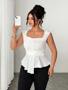 Elenzga Plus Size Women's Fashionable Solid Color Sleeveless Shirt - White - View 8