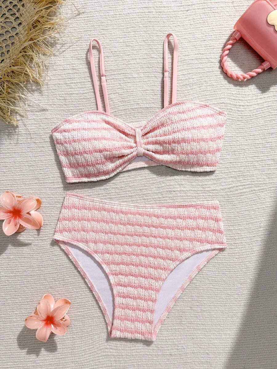 SHEIN 女童時尚極簡杏色比基尼套裝,海星裝飾,適合度假、海灘、游泳 - 彩色 - 查看 1