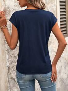 EMERY ROSE Women's V-Neck Letter & Number Print Casual Versatile Everyday T-Shirt - Navy Blue - View 2