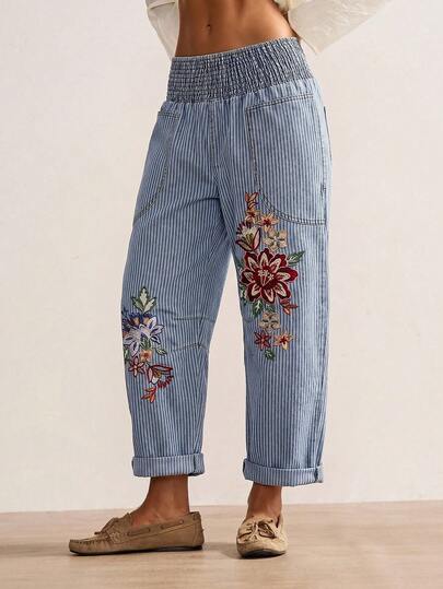 Bohemela Casual 1960s Vintage Boho Blue And White Stripe Stripe Woven Denim Women's Long Pants Vacation Autumn Brunch