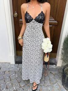 Vestido largo con estampado de lunares negros, encaje, escote en V, cuello halter, espalda descubierta, cintura con lazo, para mujer, primavera/verano, elegante, vacaciones - Blanco - Ver 3