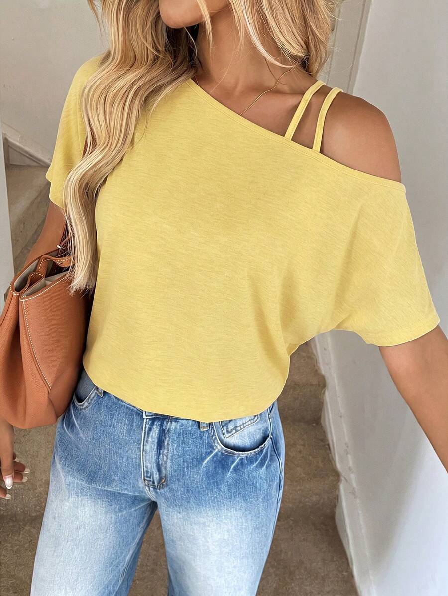 Easowa Casual Knit Asymmetrical Shoulder Double Strap Slanted Shoulder Women's T-Shirt Vacation Yellow Summer - Yellow - View 1