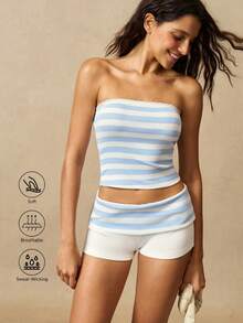 VARSIVA Damen Sommer Lässig Gestreiftes Bandeau Top Und Shorts 2er Set - Blau-Weiß - Übersicht 12