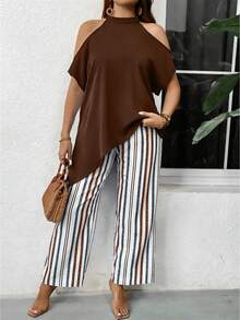 Breezaya Plus Size Women's Solid Color Off-Shoulder Asymmetric Hem Blouse And Striped Pants Set - Coffee Brown - View 1