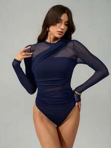 SHEIN Tall Bodysuit màu nâu cho nữ, áo lưới xuyên thấu tay dài nhún cổ giả, phù hợp cho tiệc cocktail, hẹn hò lãng mạn, lớp lót mùa đông - Màu xanh hải quân - Xem 3