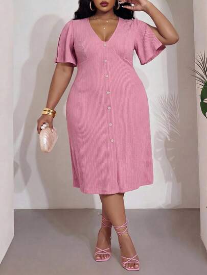 Veslaya 2026 Spring/Summer Women's Plus Size New Music Festival Anniversary Graduation Season All-Match Versatile Cruise Travel Sexy Beach Sun-Drenched Elegant Romantic Textured Knit Pink Flared Sleeve Knee-Length Cinched Waist Dress