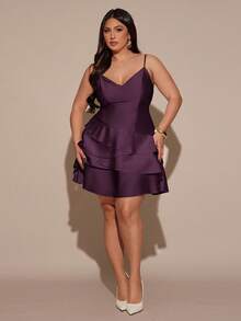 SHEIN BAE Vestido tipo chal de satén con dobladillo asimétrico, espalda fruncida y correa ajustable con hebilla para mujer talla grande, otoño/invierno - Morado - Ver 3
