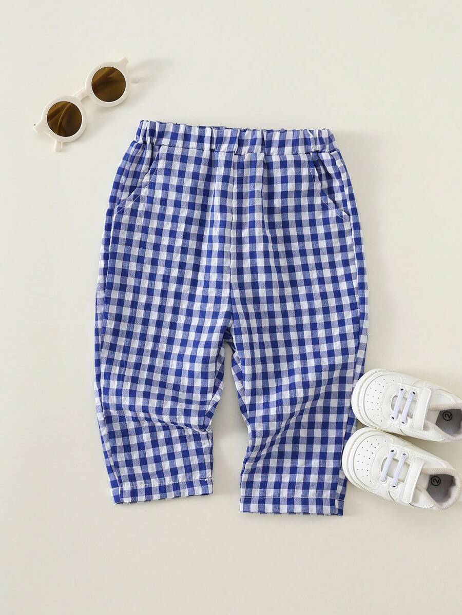 SHEIN Baby Boy Plaid Woven Long Pants, Casual Summer Vacation Suitable For Daily Outings, Holidays