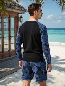 Manfinity KASUA Men's Summer Colorblock Swimwear Sun Protection Long Sleeve Top And Shorts Set - Blue - View 2