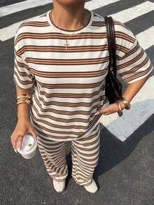 Muchica 2pcs/Set Striped T-Shirt And Pants Casual Plus Size Outfit - White - View 4