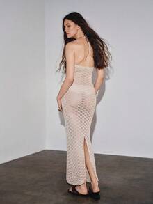 MOTF PREMIUM HOLLOW-OUT KNIT HALTER NECK SPLIT DRESS - Apricot - View 7
